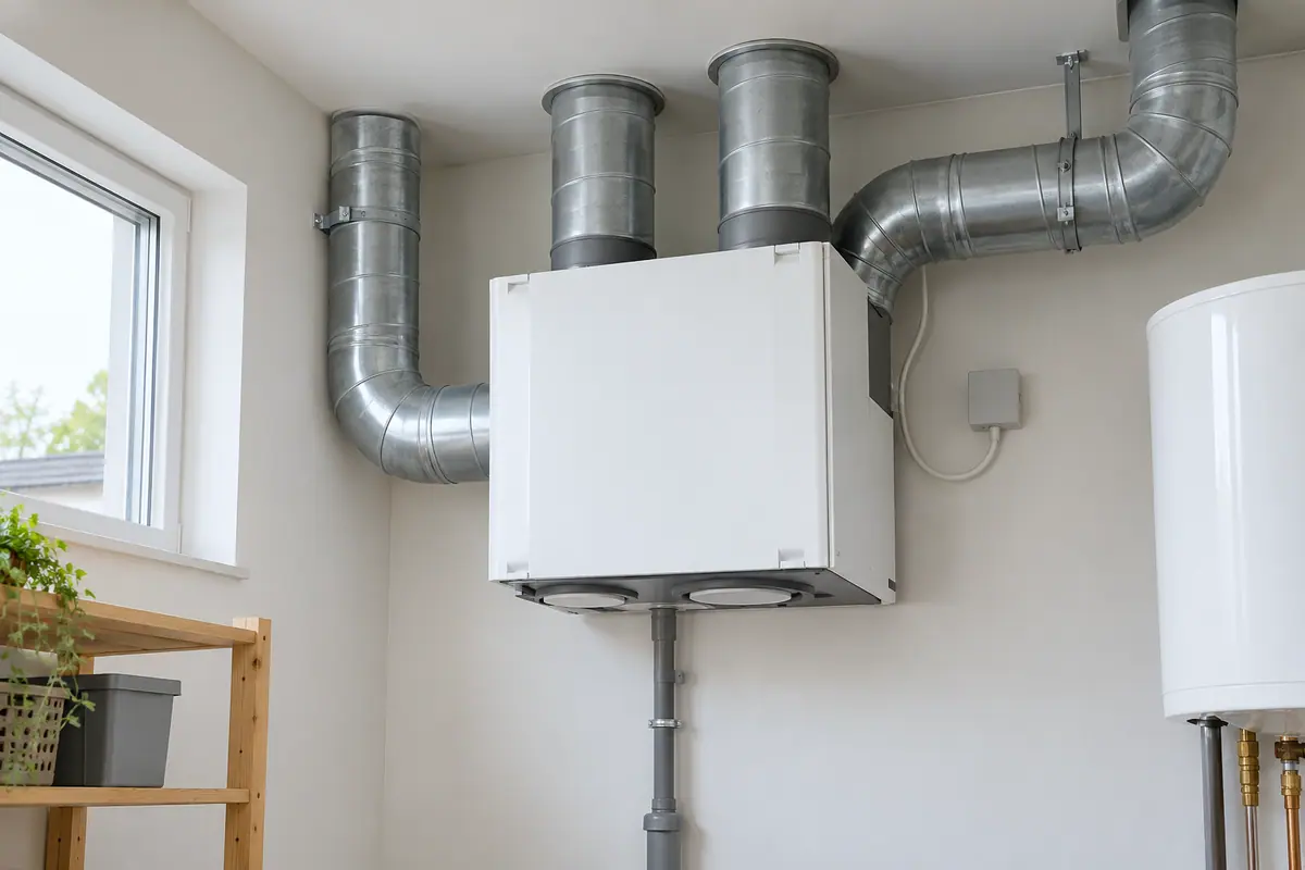 Mechanische ventilatie-unit met aangesloten luchtkanalen in een technische ruimte